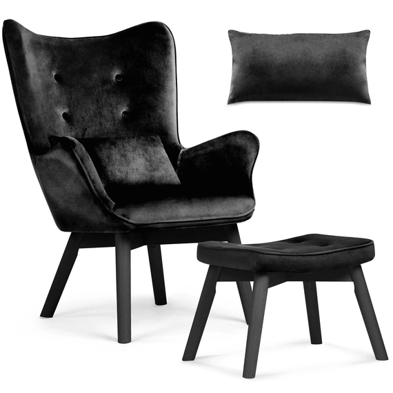 Set fotoliu de relaxare cu taburet DacEnergy©, material velur, picioare din lemn de fag, negru - 2- Roveli