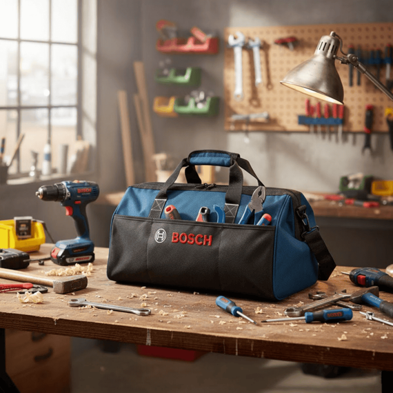 Geanta pentru scule Bosch, realizata din material textil rezistent, 8 compartimente, 500 x 280 x 250 mm, negru si albastru - 8- Roveli