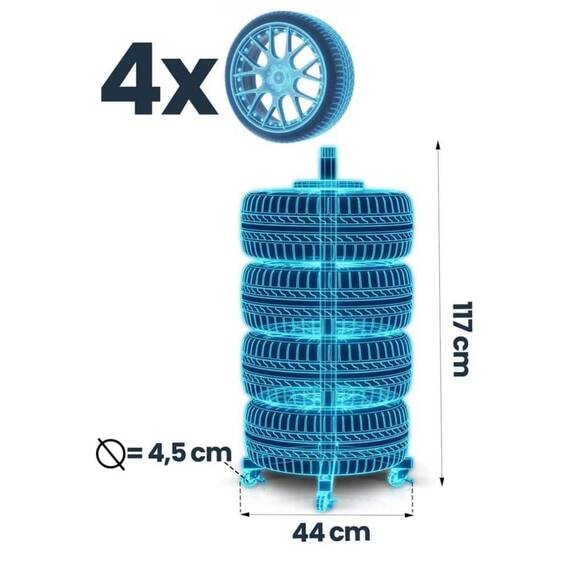 Suport pentru anvelope vertical DacEnergy©, otel rezistent si aluminiu, 4 anvelope, capacitate maxima de incarcare de 110 kg, 2 roti cu opritoare, 44 x 117 cm, negru - 9- Roveli