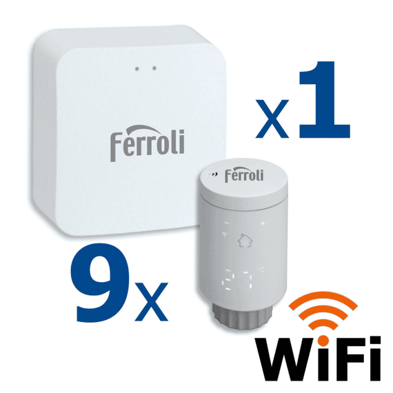 Kit controler gateway si 9 capete termostat smart pentru calorifer Ferroli, Wi-Fi, control de la distanta, siguranta pentru copii, detectare fereastra deschisa, afisaj digital, programabil, alb - - Roveli