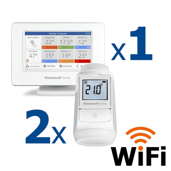 Kit termostat de ambient si 2 capete termostat smart pentru calorifer Honeywell Home, Wi-Fi, control de la distanta, siguranta pentru copii, detectare fereastra deschisa, protectie la inghet, afisaj digital - - Roveli