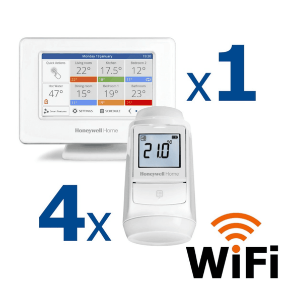 Kit termostat de ambient si 4 capete termostat smart pentru calorifer Honeywell Home, Wi-Fi, control de la distanta, siguranta pentru copii, detectare fereastra deschisa, protectie la inghet, afisaj digital - - Roveli