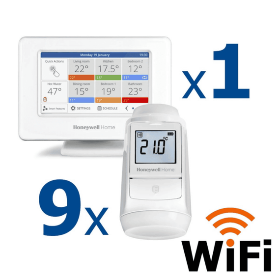 Kit termostat de ambient si 9 capete termostat smart pentru calorifer Honeywell Home, Wi-Fi, control de la distanta, siguranta pentru copii, detectare fereastra deschisa, protectie la inghet, afisaj digital - - Roveli