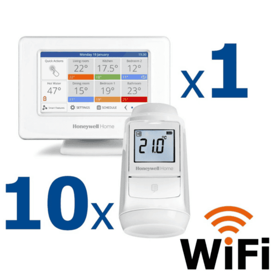 Kit termostat de ambient si 10 capete termostat smart pentru calorifer Honeywell Home, Wi-Fi, control de la distanta, siguranta pentru copii, detectare fereastra deschisa, protectie la inghet, afisaj digital - - Roveli