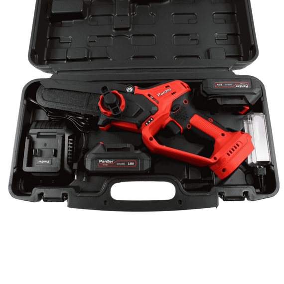 Fierastrau electric / mini drujba Panzer, lungime sinei de 12.7 cm, include 2 acumulatori de 18V, 2.0 Ah, 4500 rpm, indicator LED, frana pentru lant - 9- Roveli