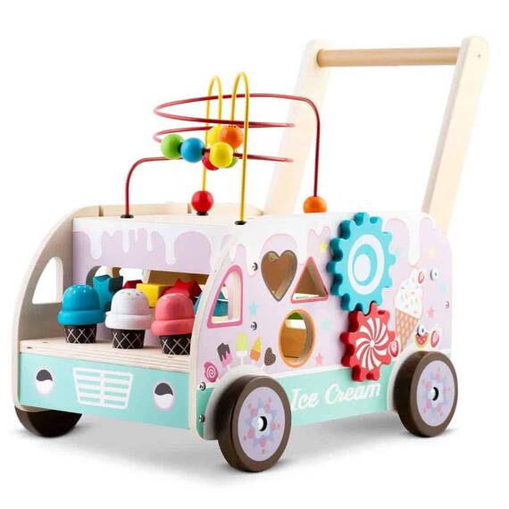 Premergator pentru copii  din lemn, cu activitati Montessori de joaca, roti stabile, pivotante, maner confortabil, tip magazin de inghetata, 48 x 27.5 x 40.5 cm, roz - - Roveli