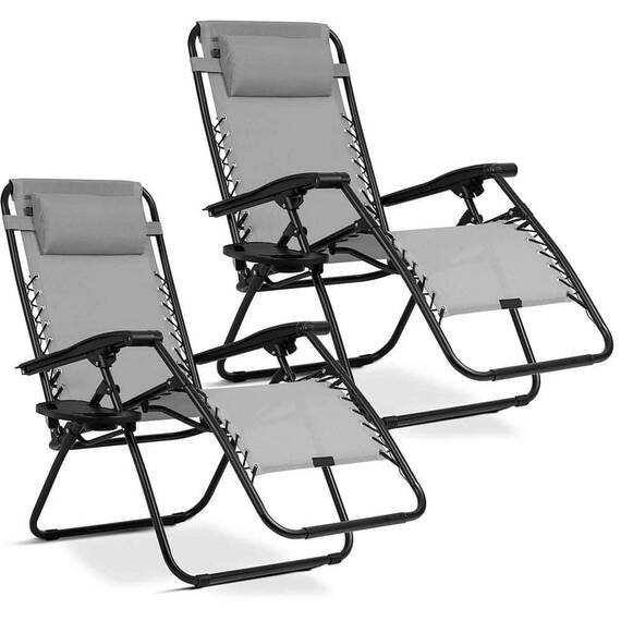 ​Set 2 sezlonguri de gradina pliabile cu perna DacEnergy©, cadru din otel, material textilen impermeabil si rezistent la UV, reglarea nivelului de inclinare in 3 nivele, 110 x 102 x 60 cm, gri - - Roveli