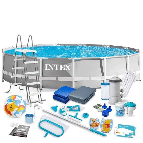 ​Piscina cu cadru, material PVC durabil cu 3 straturi, pompa de filtru, scara metalica, prelata si folie, skimmer, kit de curatare cu aspirator, rotunda, 14614 litri, 457 x 107 cm - - Roveli