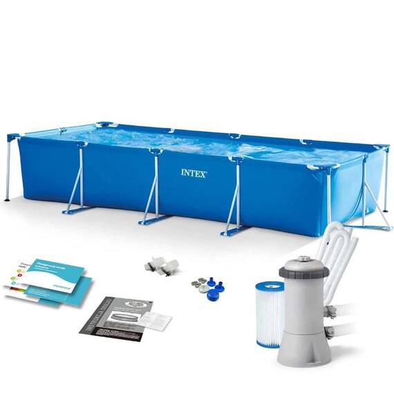 ​Piscina cu cadru, realizata din material PVC durabil cu 3 straturi, capacitate 7127 l, forma dreptunghiulara, cu pompa de filtru, 450 x 220 x 84 cm, albastra - - Roveli