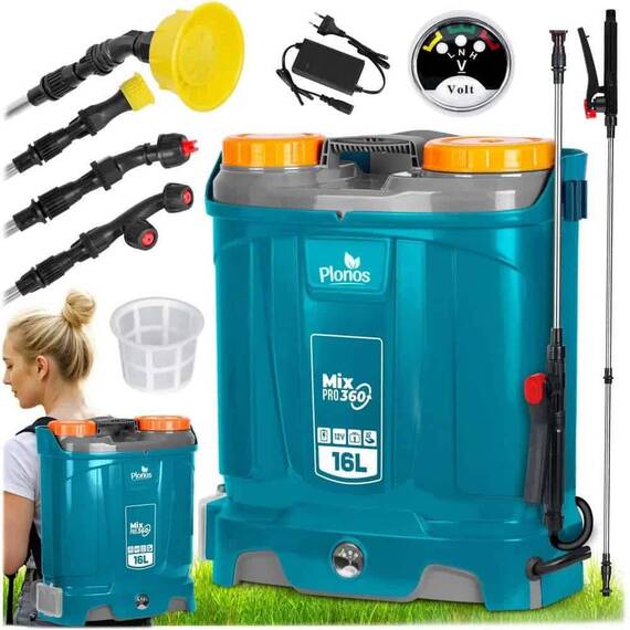 ​Pompa de stropit cu acumulator, plumb-acid, 12 V, 8 Ah, 4 duze diferite, presiune maxima 5, 5 bar, debit maxim 3, 1 l/min, timp de lucru 9 ore, cu mixer, 45 x 38 x 19 cm, albastru, 16 l - 2- Roveli