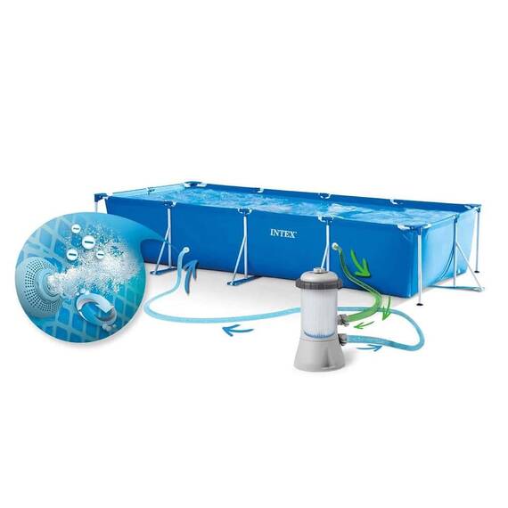​Piscina cu cadru, realizata din material PVC durabil cu 3 straturi, capacitate 7127 l, forma dreptunghiulara, cu pompa de filtru, 450 x 220 x 84 cm, albastra - 2- Roveli
