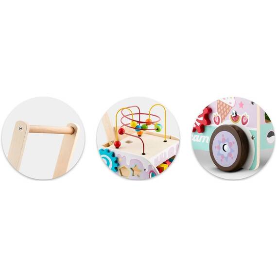 Premergator pentru copii  din lemn, cu activitati Montessori de joaca, roti stabile, pivotante, maner confortabil, tip magazin de inghetata, 48 x 27.5 x 40.5 cm, roz - 3- Roveli