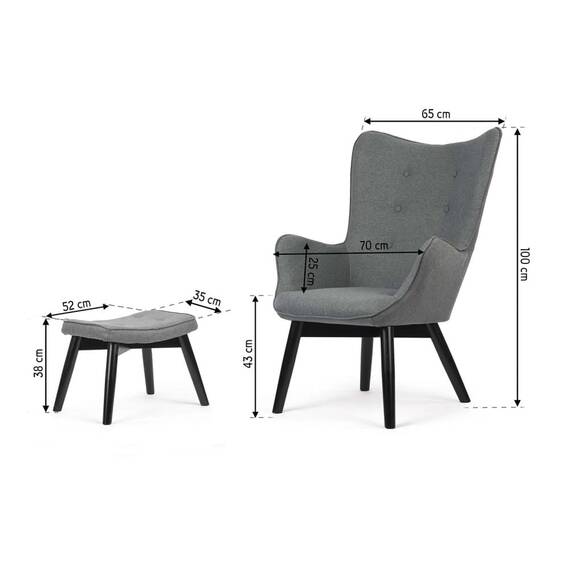 Set fotoliu de relaxare cu taburet DacEnergy©, material textil, picioare din lemn de fag, elegant, perna, gri inchis si negru - 4- Roveli