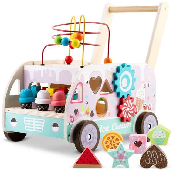 Premergator pentru copii  din lemn, cu activitati Montessori de joaca, roti stabile, pivotante, maner confortabil, tip magazin de inghetata, 48 x 27.5 x 40.5 cm, roz - 5- Roveli