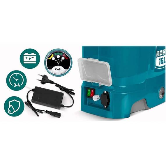 ​Pompa de stropit cu acumulator, plumb-acid, 12 V, 8 Ah, 4 duze diferite, presiune maxima 5, 5 bar, debit maxim 3, 1 l/min, timp de lucru 9 ore, cu mixer, 45 x 38 x 19 cm, albastru, 16 l - 5- Roveli
