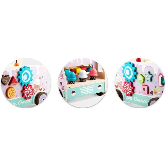 Premergator pentru copii  din lemn, cu activitati Montessori de joaca, roti stabile, pivotante, maner confortabil, tip magazin de inghetata, 48 x 27.5 x 40.5 cm, roz - 6- Roveli