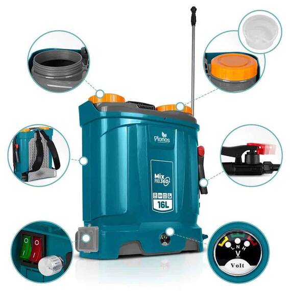 ​Pompa de stropit cu acumulator, plumb-acid, 12 V, 8 Ah, 4 duze diferite, presiune maxima 5, 5 bar, debit maxim 3, 1 l/min, timp de lucru 9 ore, cu mixer, 45 x 38 x 19 cm, albastru, 16 l - 6- Roveli