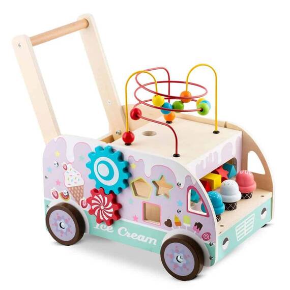 Premergator pentru copii  din lemn, cu activitati Montessori de joaca, roti stabile, pivotante, maner confortabil, tip magazin de inghetata, 48 x 27.5 x 40.5 cm, roz - 8- Roveli
