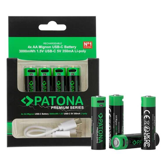 Baterii 4x AA Reincarcabile 2000mAh Patona Premium cu USB-C - - Roveli