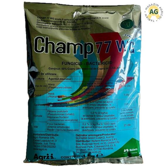 Champ 77 WG 1kg fungicid contra Mana, Arsura, Patarea unghiulara, Basicarea fructelor, Focul bacterian, Rapan, Alege ambalajul dorit: 1 kg - - Roveli