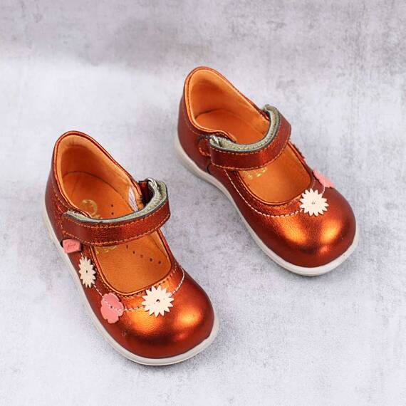 Pantofi usori , de copii , din piele naturala , decorati cu flori  PRIMII PASI  7186-PORTOCALIU/9 - 2- Roveli