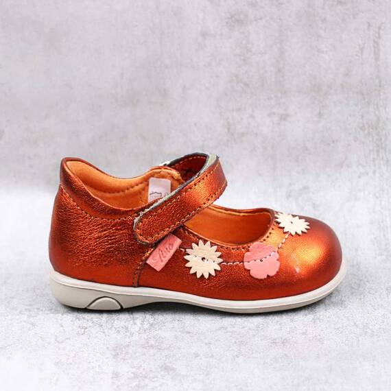 Pantofi usori , de copii , din piele naturala , decorati cu flori  PRIMII PASI  7186-PORTOCALIU/9 - 3- Roveli
