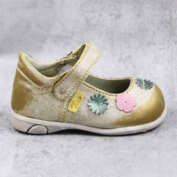 Pantofi usori , de copii , din piele naturala , decorati cu flori  PRIMII PASI  7186-MUSTAR/6 - 3- Roveli