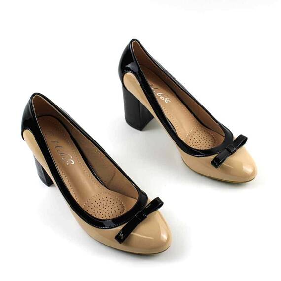 Pantofi eleganti de dama  cu toc mediu , gros 909-2-BEIGE/BLACK, Culoare (12): BEJ/NEGRU, Marime (12): 37 - 3- Roveli