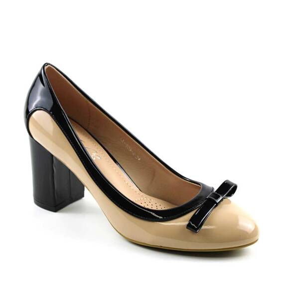 Pantofi eleganti de dama  cu toc mediu , gros 909-2-BEIGE/BLACK, Culoare (12): BEJ/NEGRU, Marime (12): 37 - - Roveli
