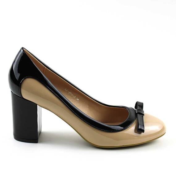 Pantofi eleganti de dama  cu toc mediu , gros 909-2-BEIGE/BLACK, Culoare (12): BEJ/NEGRU, Marime (12): 39 - 4- Roveli