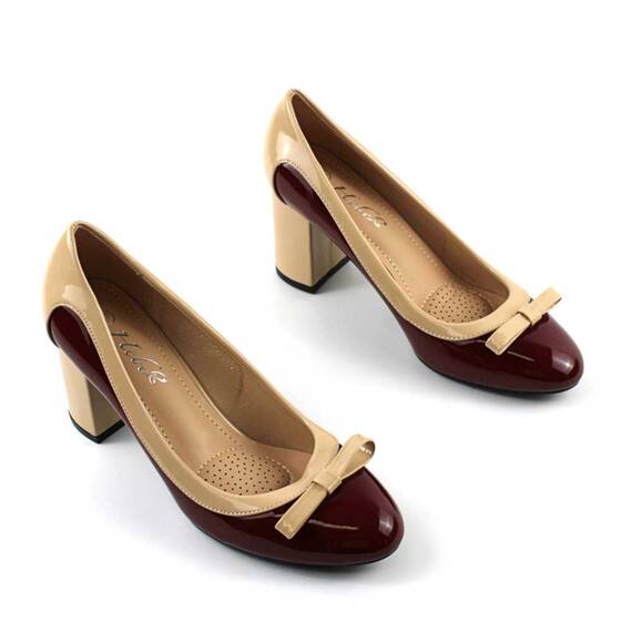 ​Pantofi eleganti de dama  cu toc mediu , gros LE-909-2-WINE/BEIGE, Culoare (12): BEJ/VISINIU, Marime (12): 39 - 3- Roveli