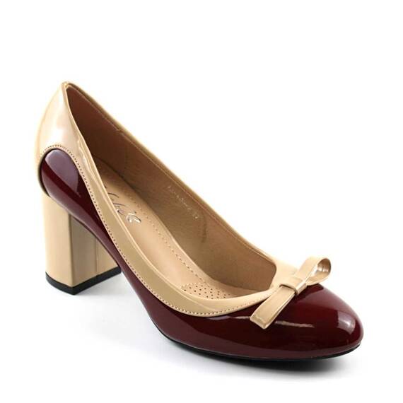 ​Pantofi eleganti de dama  cu toc mediu , gros LE-909-2-WINE/BEIGE, Culoare (12): BEJ/VISINIU, Marime (12): 36 - - Roveli