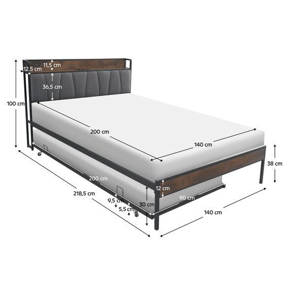 Pat cu pat cu somiera si pat suplimentar extensibil, 140x200, negru/gri, NORDO - 15- Roveli