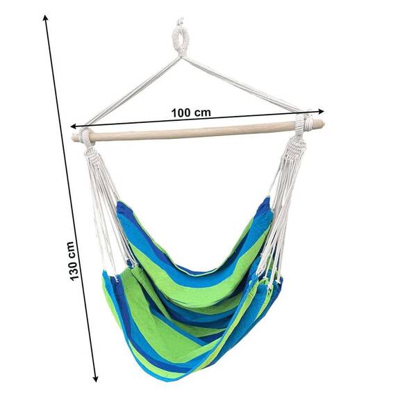 ​Hamac cu bara din lemn, bumbac si poliester, tip scaun, model cu dungi, cusaturi intarite, 100 x 130 cm, verde si albastru - 2- Roveli