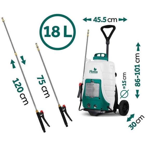 Pompa de stropit cu acumulator si carucior, plumb-acid, 12 V, 8 Ah, turatia motor 2800 - 3200 rpm, 0, 10-0, 45 Mpa, filtru dublu, 8 duze diferite, lance cu 4 duze de 108, 5 cm, 18 l - 4- Roveli