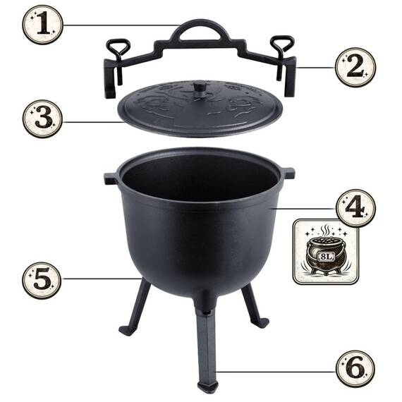 Cazan din aliaj de fonta, pereti grosi, capac cu aerisire, trepied cu picioare detasabile, 8 l, negru - 2- Roveli