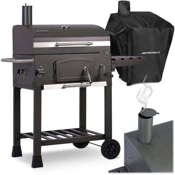 ​Gratar de gradina, cu carbuni, din otel inoxidabil, gratar din fonta, 57 x 43 cm, termometru, roti practice, un raft lateral cu carlige pentru scule, antracit, cu husa protectie - 2- Roveli
