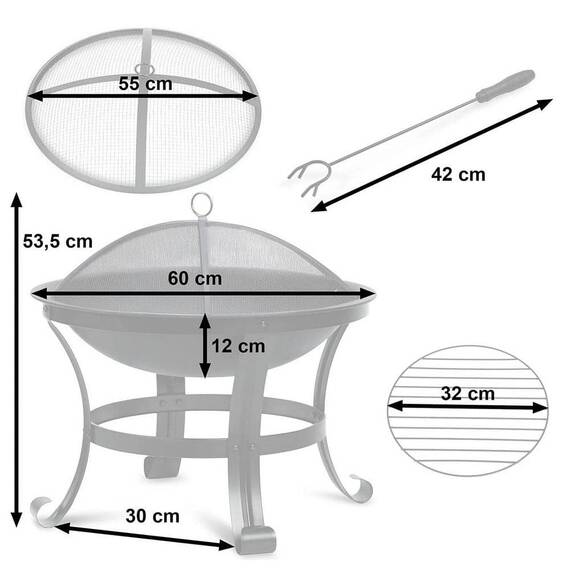 ​Vatra foc de gradina cu gratar, fabricat din otel, cu capac, diametru 60 cm, inaltimea 53,5 cm, negru - 2- Roveli