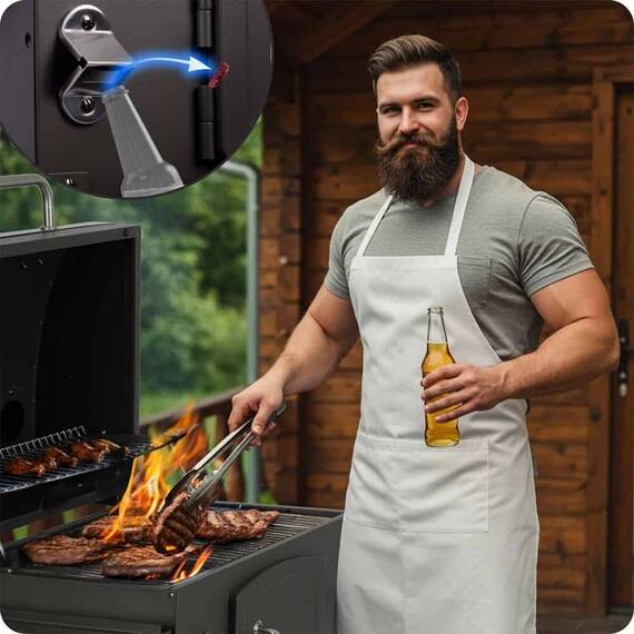 ​Gratar de gradina, cu carbuni, din otel inoxidabil, gratar din fonta, 57 x 43 cm, termometru, roti practice, un raft lateral cu carlige pentru scule, antracit, cu husa protectie - 5- Roveli