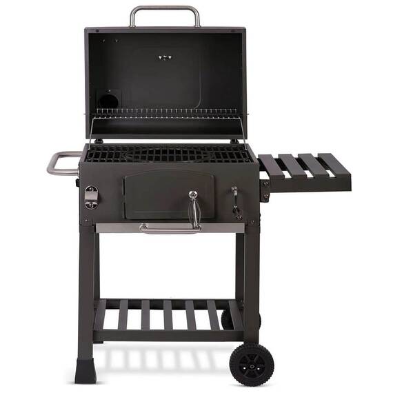 ​Gratar de gradina, cu carbuni, din otel inoxidabil, gratar din fonta, 57 x 43 cm, termometru, roti practice, un raft lateral cu carlige pentru scule, antracit, cu husa protectie - 6- Roveli