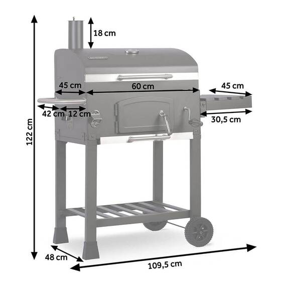 ​Gratar de gradina, cu carbuni, din otel inoxidabil, gratar din fonta, 57 x 43 cm, termometru, roti practice, un raft lateral cu carlige pentru scule, antracit, cu husa protectie - 7- Roveli