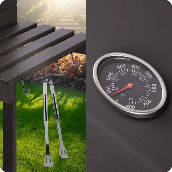 Gratar de gradina, cu carbuni, din otel inoxidabil, gratar din fonta, 57 x 43 cm, termometru, roti practice, un raft lateral cu carlige pentru scule, antracit - 8- Roveli