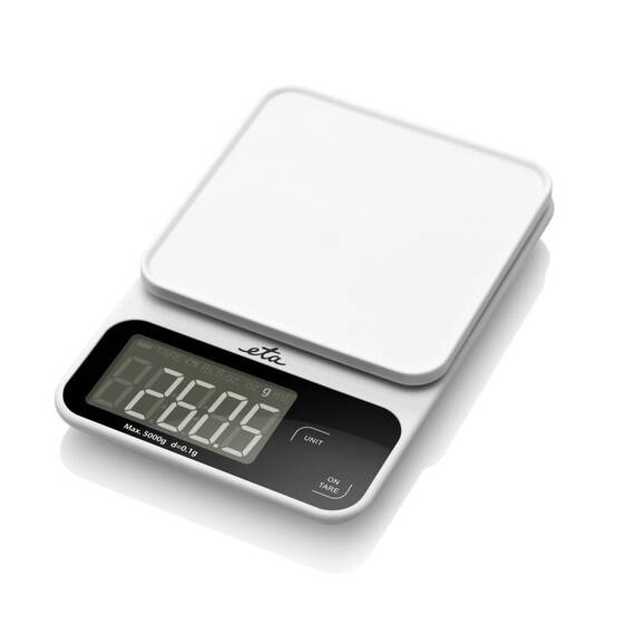 Cantar de bucatarie ETA Popi 6770 90000, 5 Kg, precizie 0.1 g, afisaj LCD, functie TARA, alb - - Roveli