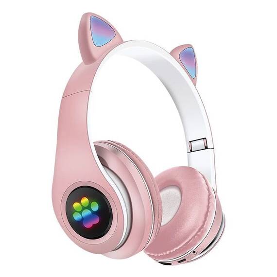 Casti CAT cu lumini colorate, Bluetooth 5.0, microfon si card micro-sd : Culoare - galben, Culoare (tm): roz - 2- Roveli