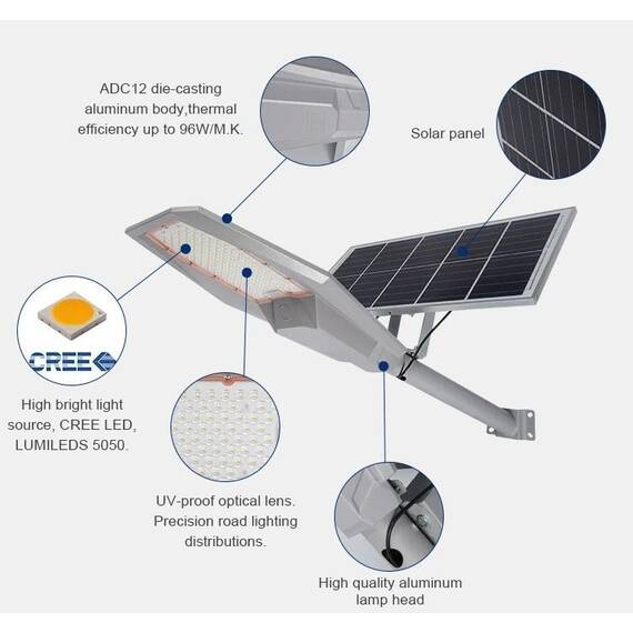 Lampa solara cu panou si telecomanda, aluminiu turnat sub presiune : Putere - 100 W - 10- Roveli