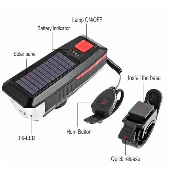 Lampa pentru Bicicleta LY-17 cu Incarcare Solara : Culoare - negru/portocaliu, Culoare (tm): negru/portocaliu - 6- Roveli
