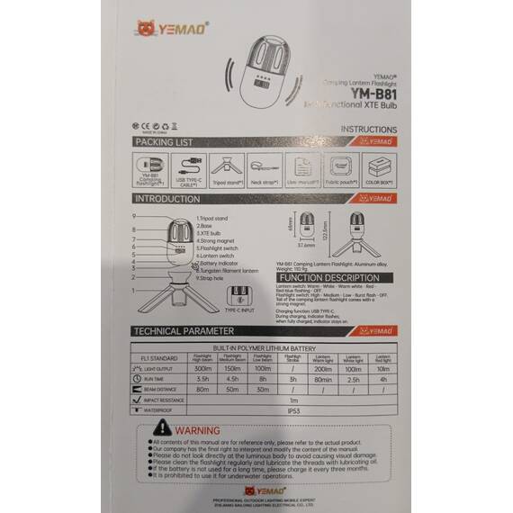 Lanterna mini de camping, multifunctionala, reincarcabila, cu baza magnetica si trepied : Culoare - negru, Culoare (tm): negru - 13- Roveli