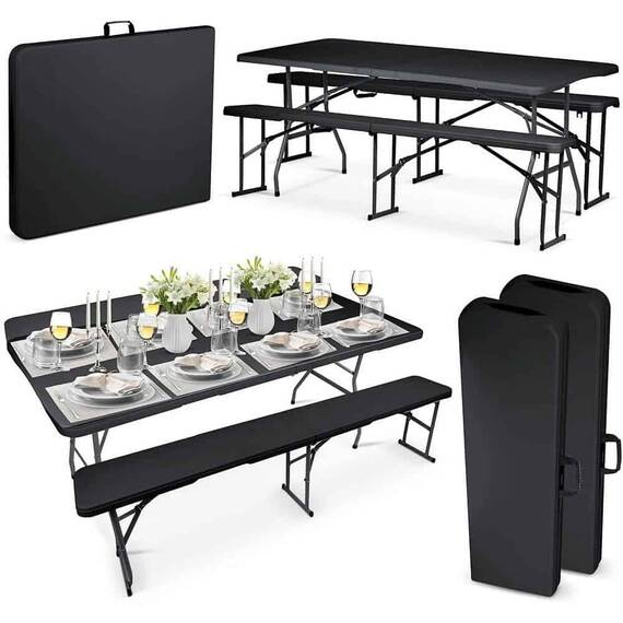​Set de gradina pliabil DacEnergy©, cadru din otel, material PE si rezistent la UV, cu maner, lungimea 180 cm, o masa si 2 banci, negru - 2- Roveli