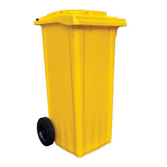 Pubela mobila DacEnergy©, realizata din plastic, cu roti, rezistent la actiunea razelor ultraviolete, frig, caldura, 120 L, 549 x 483 x 948 mm, galbena - - Roveli