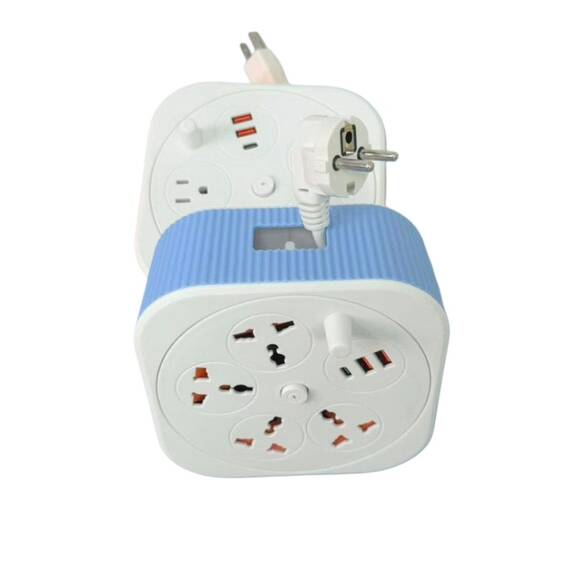 Prelungitor de calatorie, 4 Prize / 2 USB A / 1 USB C, 2m, 10A, 250V : Culoare - bleu - 6- Roveli